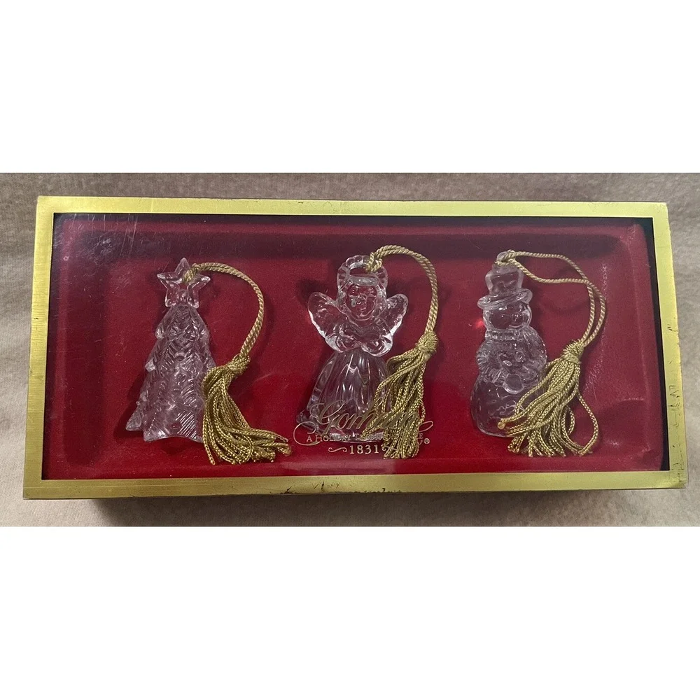 Gorham Crystal Trio of Angels Christmas Tree Ornament W/Gold Tassels In Box